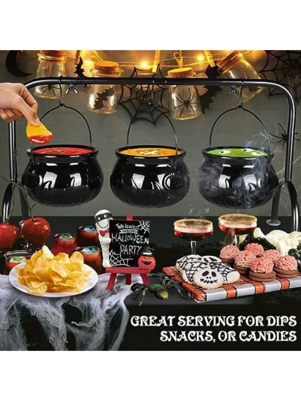 Spooky Halloween Party Decor - Set of 3 Ceramic Witches Cauldron Bowls